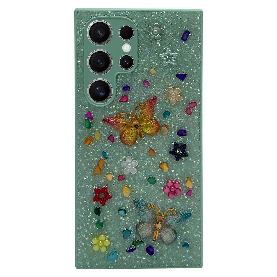 Samsung Galaxy S24 Ultra Butterfly and Diamond Bling Case Green